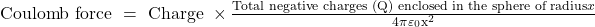  \text { Coulomb force }=\text { Charge } \times \frac{\text {Total negative charges (Q) enclosed in the sphere of radius} x}{4 \pi \varepsilon_0 \mathrm{x}^2} 