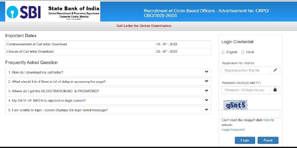 SBI CBO Exam Date 2025