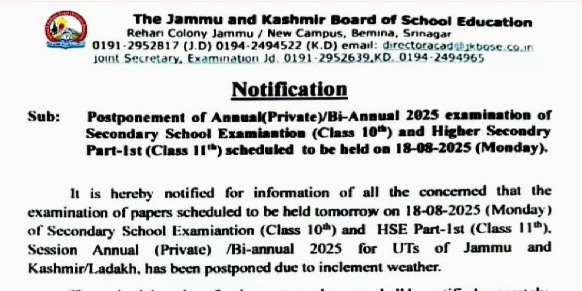 JKBOSE 10th & 11th Exams Postponed