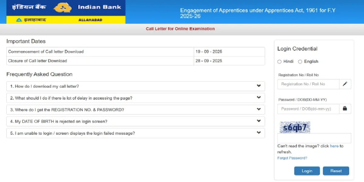 Indian Bank Apprentice Admit Card 2025