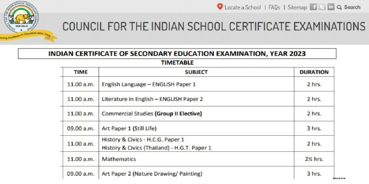 ICSE ISC Exam Datesheet 2026