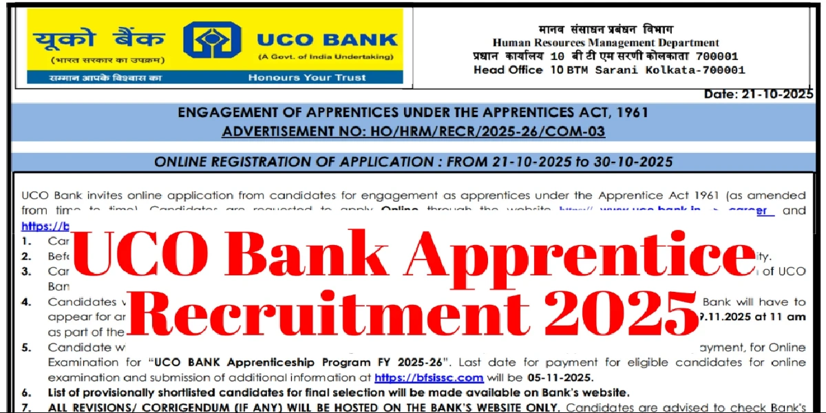 UCO Bank Apprentices Online Form 2025
