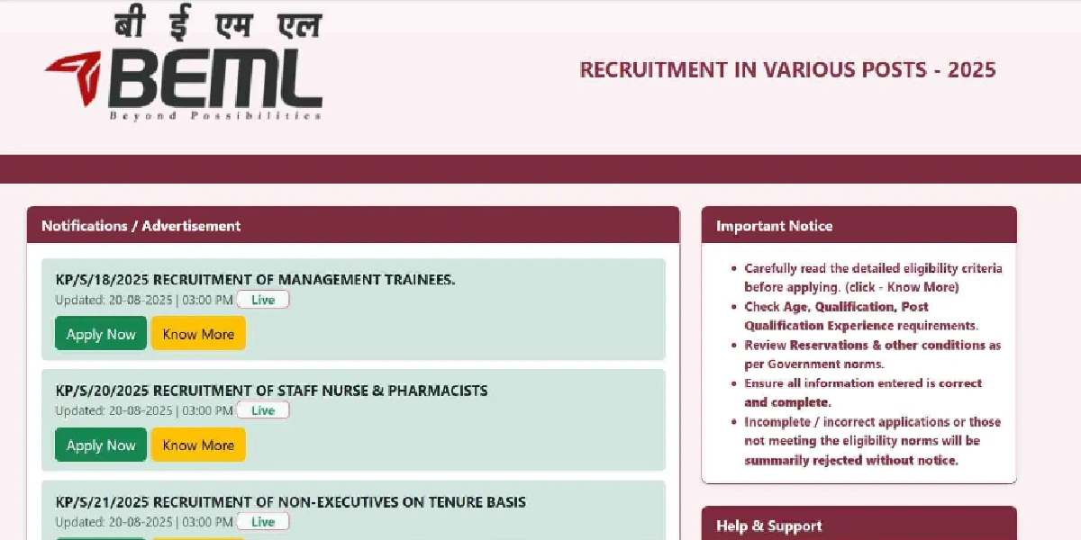 BEML Various Vacancies Online Form 2025