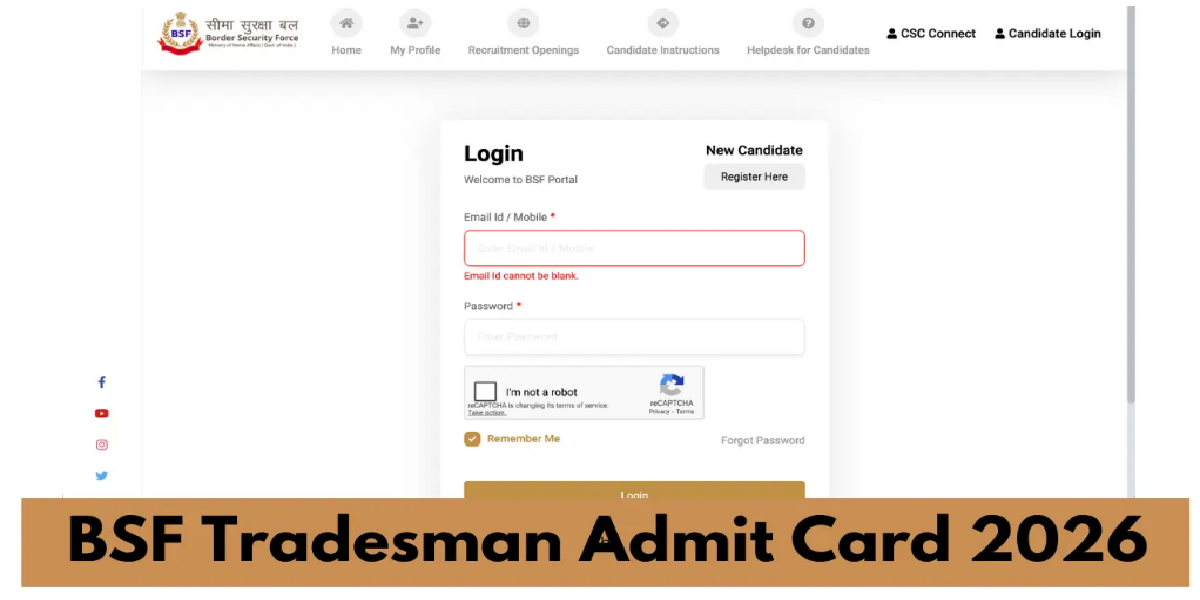 BSF Tradesman Admit Card 2026