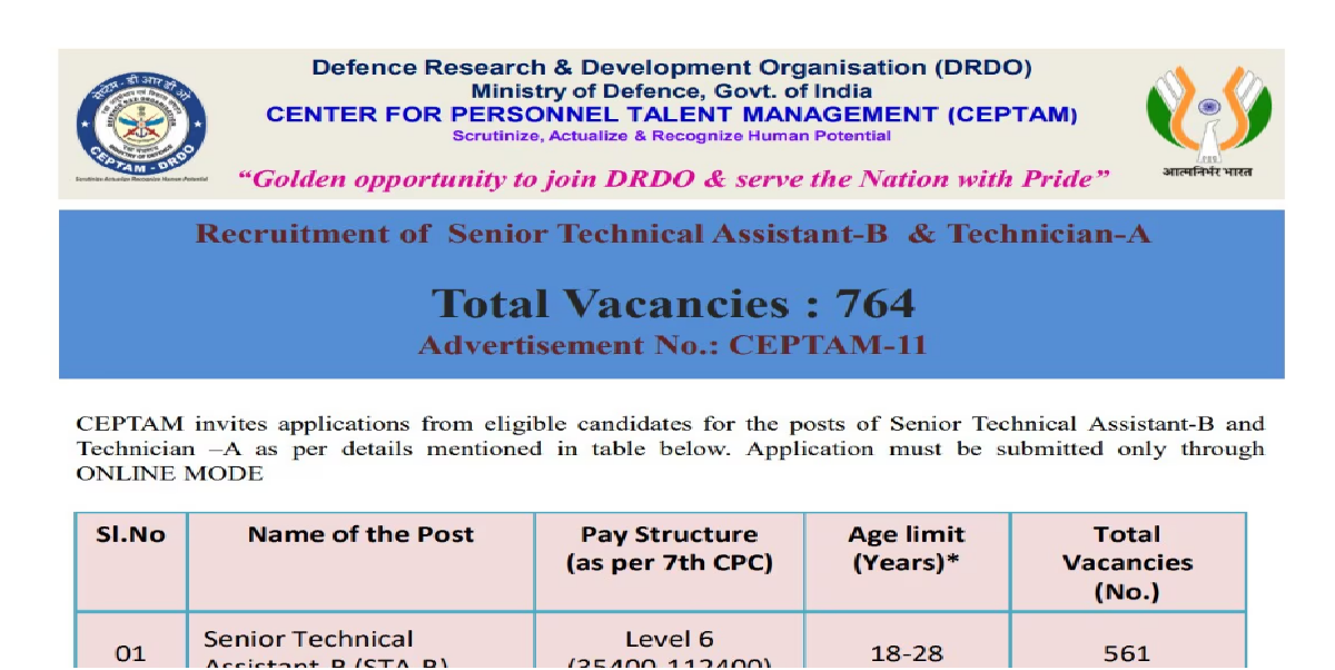 DRDO CEPTAM STA B, Tech A Online Form 2025