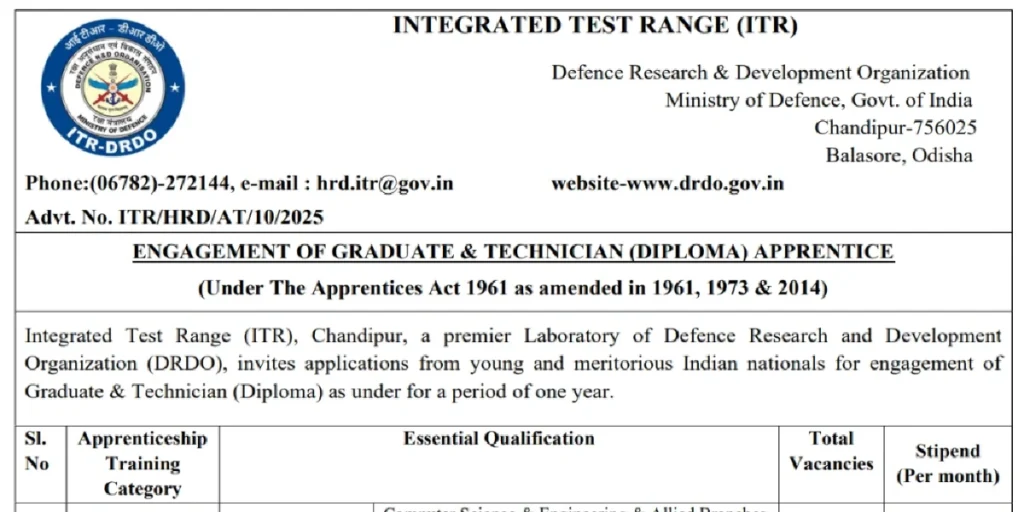 ITR DRDO Graduate Apprentice Result 2025