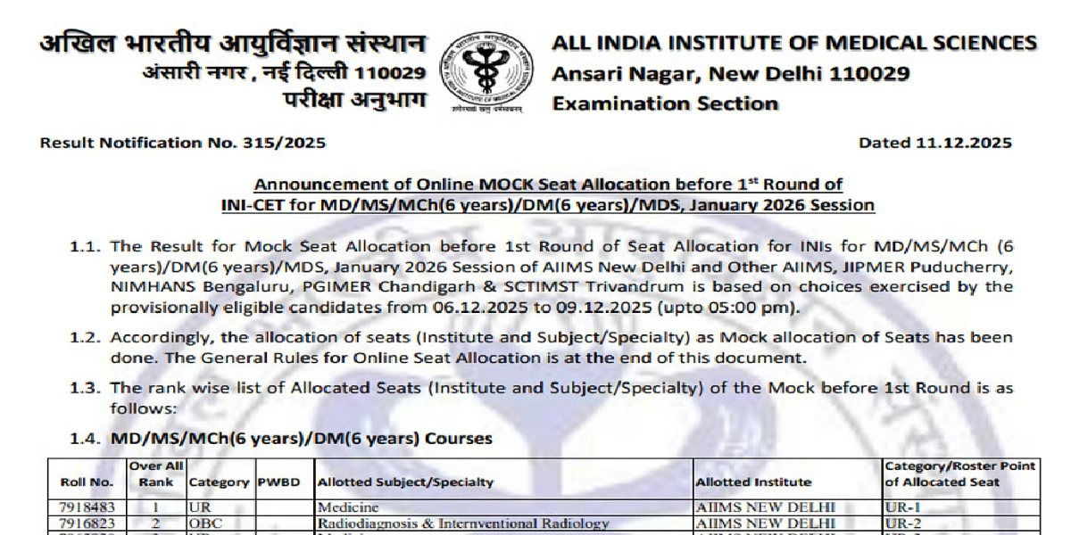 INI CET January 2026 Mock Round Seat Allotment Result 2025
