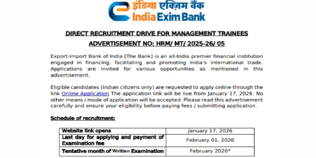 Exim Bank Management Trainee Online form 2026