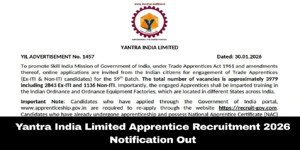 Yantra India YIL Trade Apprentices Online form 2026