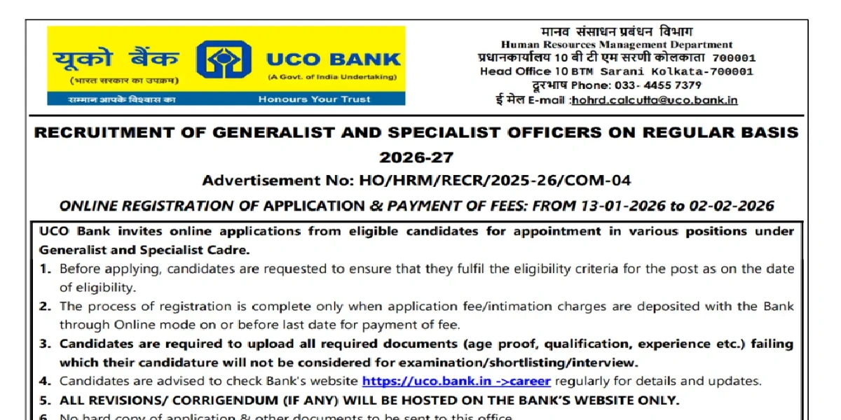 UCO Bank Generalist Online Form 2026